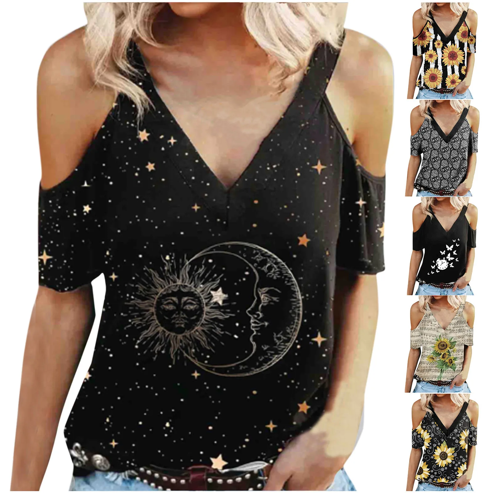 

Women's Sexy Blouse Off Shoulder Shirt V-neck Collar Night Sky Printed Short Sleeve Sun Moon Print Casual Blouse Tops Блузки R5