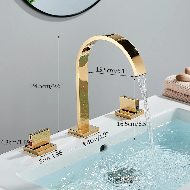 Золотистый смеситель для раковины горячей и холодной воды с тремя отверстиями