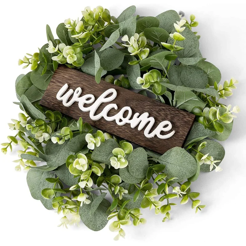 

Welcome Sign with Garland Door Decoration Wooden Hanging Sign with Artificial Eucalyptus Farmhouse Porch Decoration