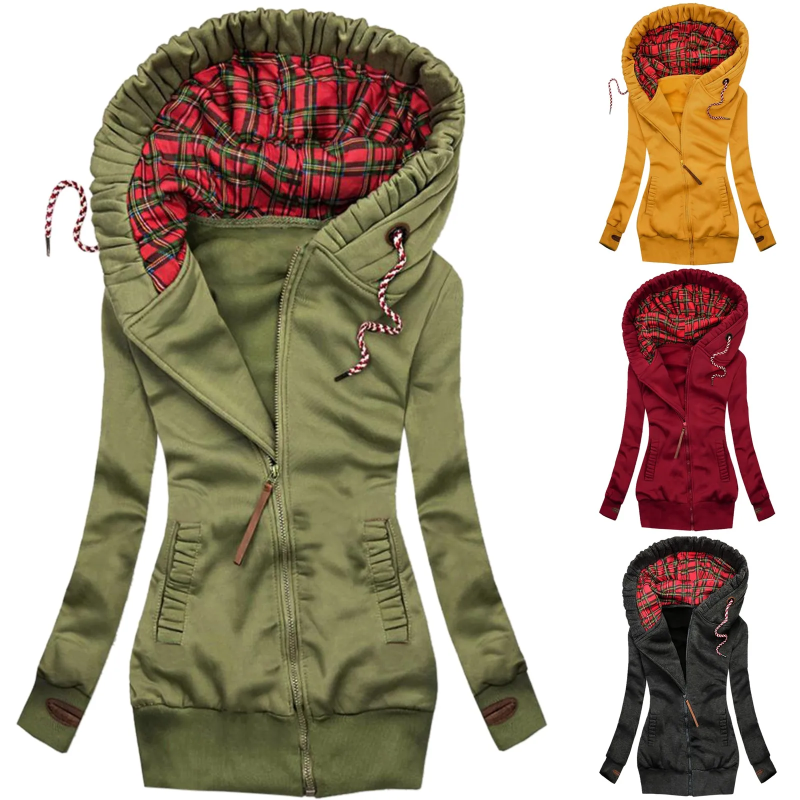 2021 Zip Up Hoodie Women Fashion Plaid Print Jacket Zipper Pocket Sweatshirt Long Sleeve Coat Sudadera Mujer Jacket Outwear Zipp