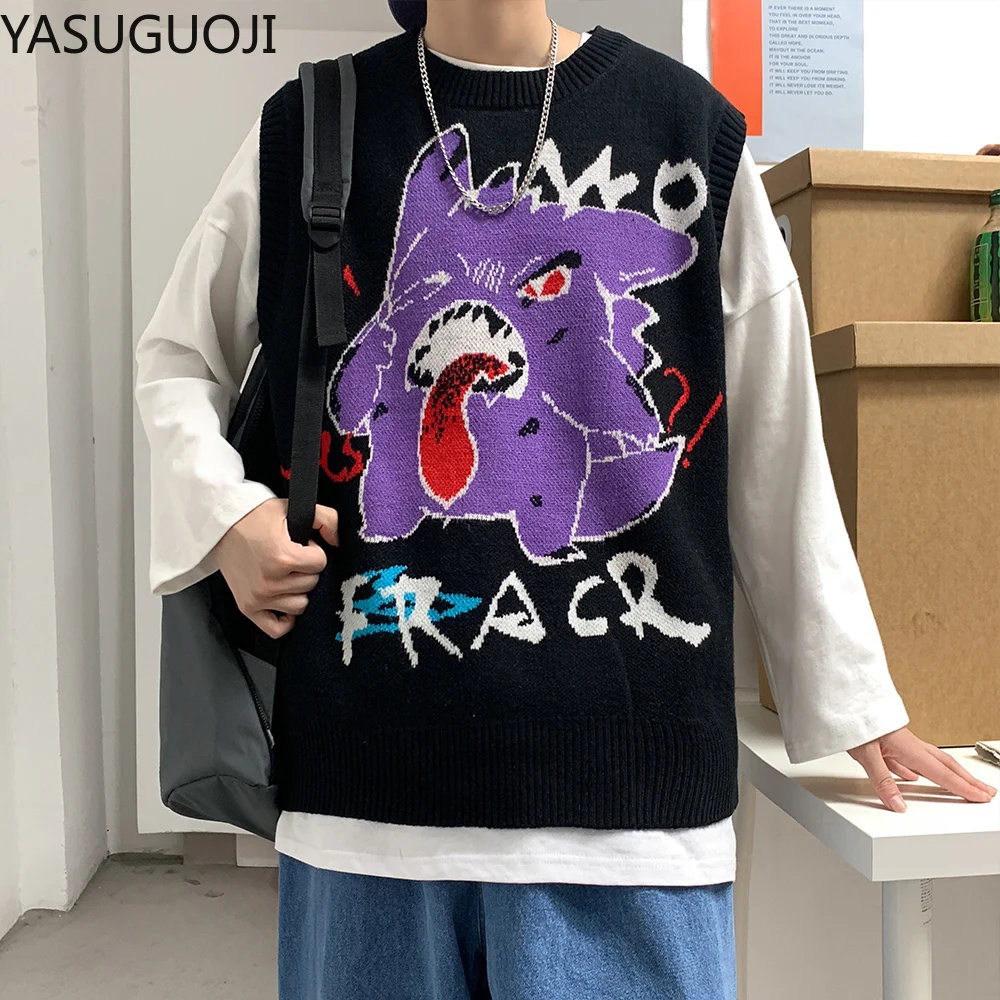 YASUGUOJI New 2021 Spring Hip Pop Cartoon Print Mens Sweater Vest High Street Loose Sleeveless Man Clothes | Мужская одежда