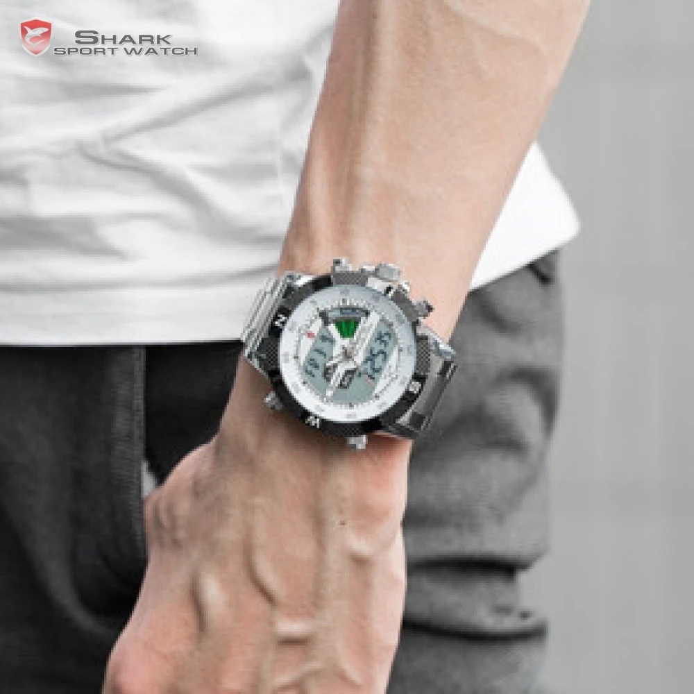 Акула спортивные часы Dual Time Цифровые стали Porbeagle Календарь Будильник Секундомер Мужские кварцевые наручные часы/SH046/047