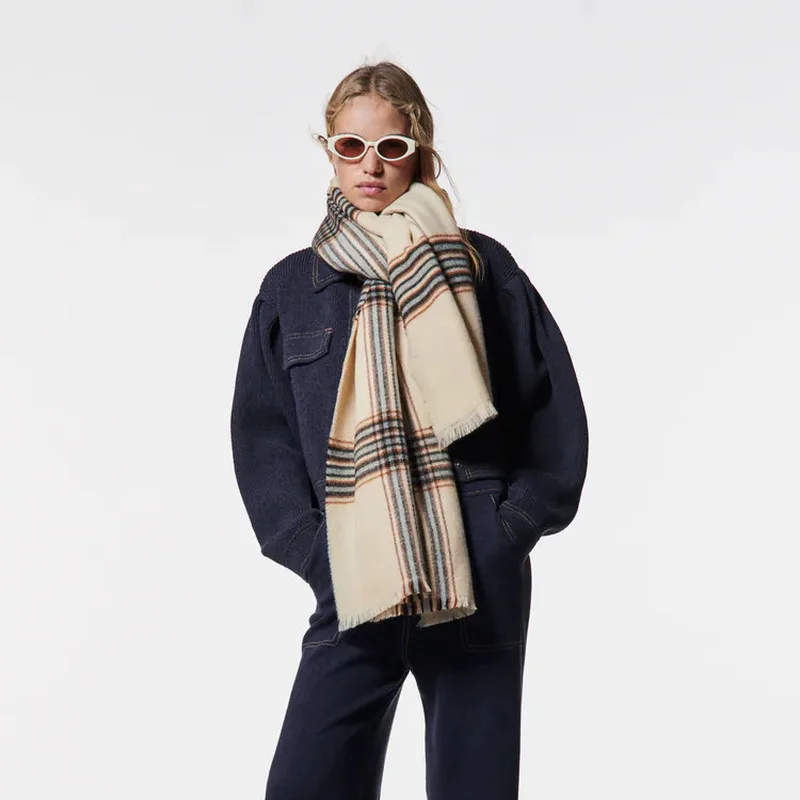 

Oversized Classic Check Shawl Tan Thick and Thin Striped Scarf Women Luxury Winter Women Scarves Increase Fashion Check Scarf