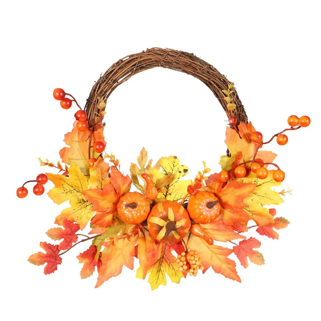 

35cm Autumn Maple Leaf Pumpkin Door Hanging Ornaments Halloween Thanksgiving Harvest Rattan Artificial Garland Wreath Home Decor