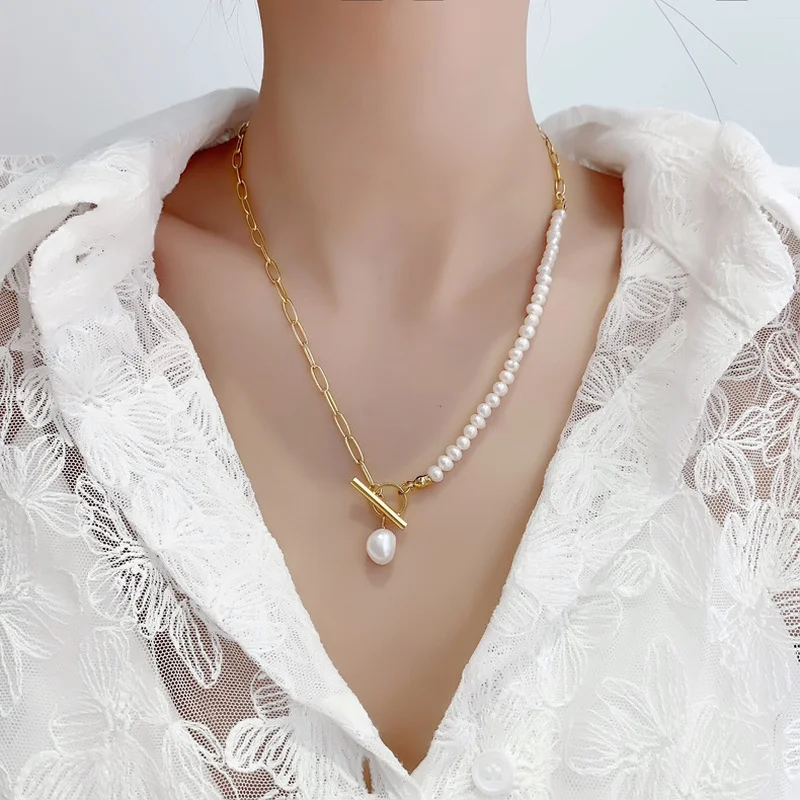 

ALLNEWME Elegant Asymmetry Natural Freshwater Pearl Necklaces for Women Gold Link Chain Toggle Clasp Circle Chokers Necklaces