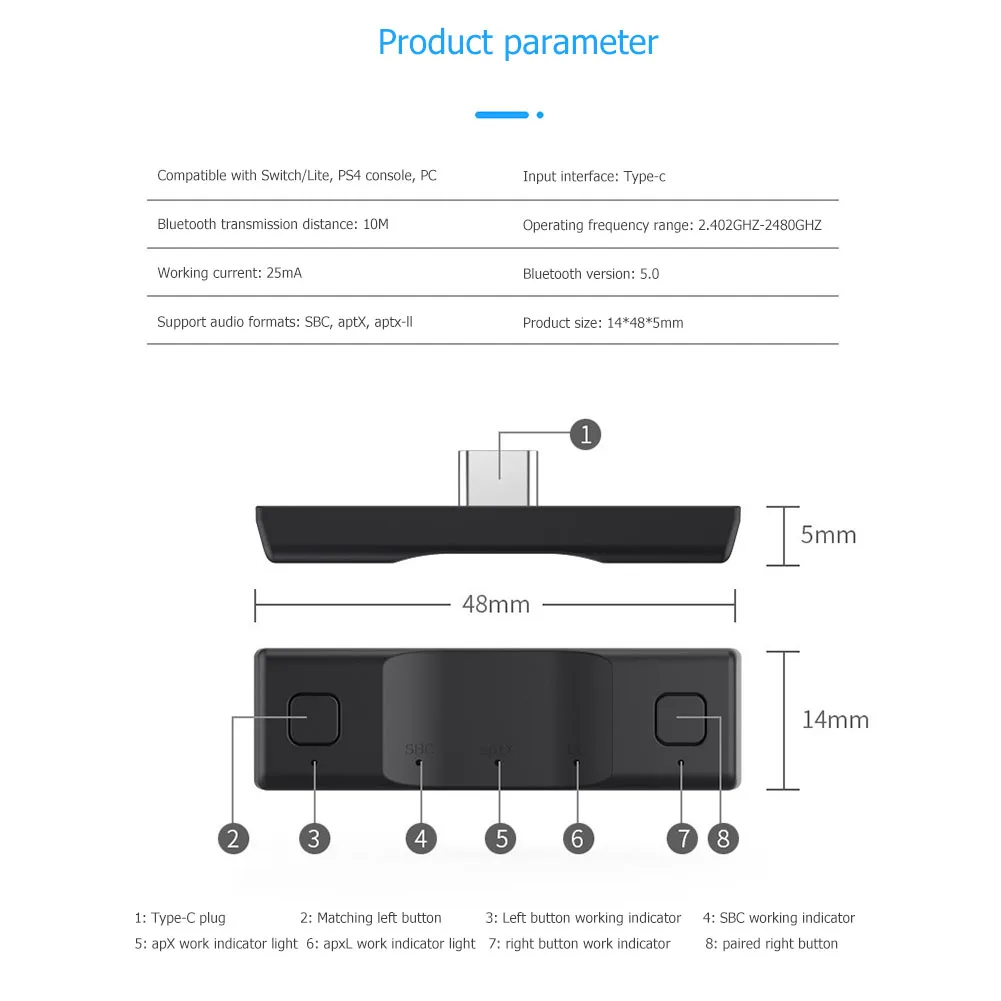 

Portable Audio Wireless Adapter HIFI Earphone Dongle Type-C Bluetooth 5.0 Transmitter for Switch/Switch Lite PS4 PC