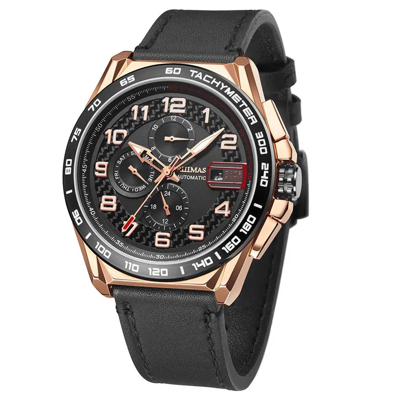 Rose gold RUIMAS, мужские модные спортивные часы, автоматические механические часы с ремешком из натуральной кожи, повседневные деловые часы, мужские часы, наручные часы - Цвет: Rose gold