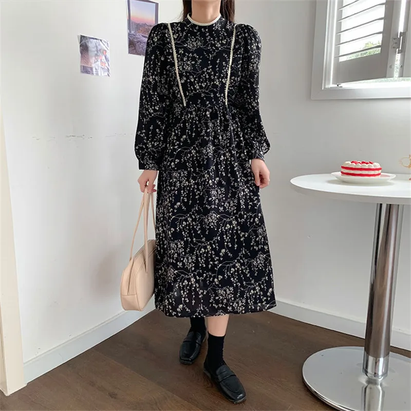

Vintage Dress Women Korean Chic Casual V-neck Floral Print Loose Big Swing Maxi Vestidos Female Fashion Tide 2021 Spring