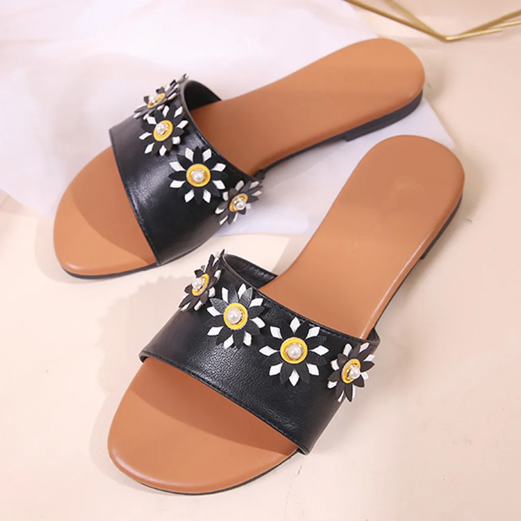 Women's Rivet Slippers Flats Slides Open Toe Rhinestone Ladies Crystal Sandals Women Shoes Casual Fashion Female New 2020 | Обувь