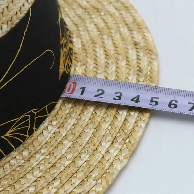 

Women's Summer Hat Golden Print Sun Protection Cap Female Flat Top Wide Brim Hat Bow Ribbon Decoration Beach Straw Hat Sun Hat