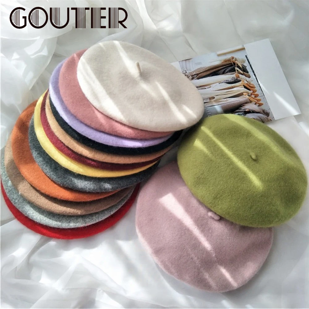 Женский берет GOUTER теплая шерстяная Зимняя Шапка бини винтажный простой
