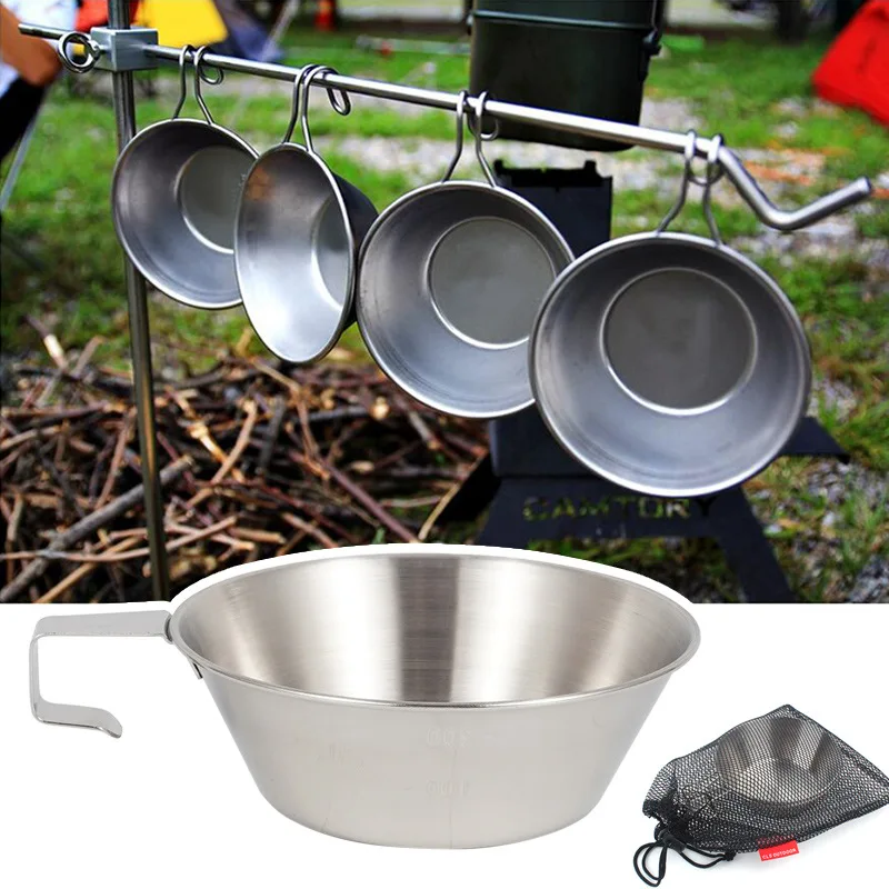 

Outdoor Stainless Steel Bowl Camping Fixed Handle Picnic Mountaineering Water Cup Travel Barbecue Portable Cookware Mug
