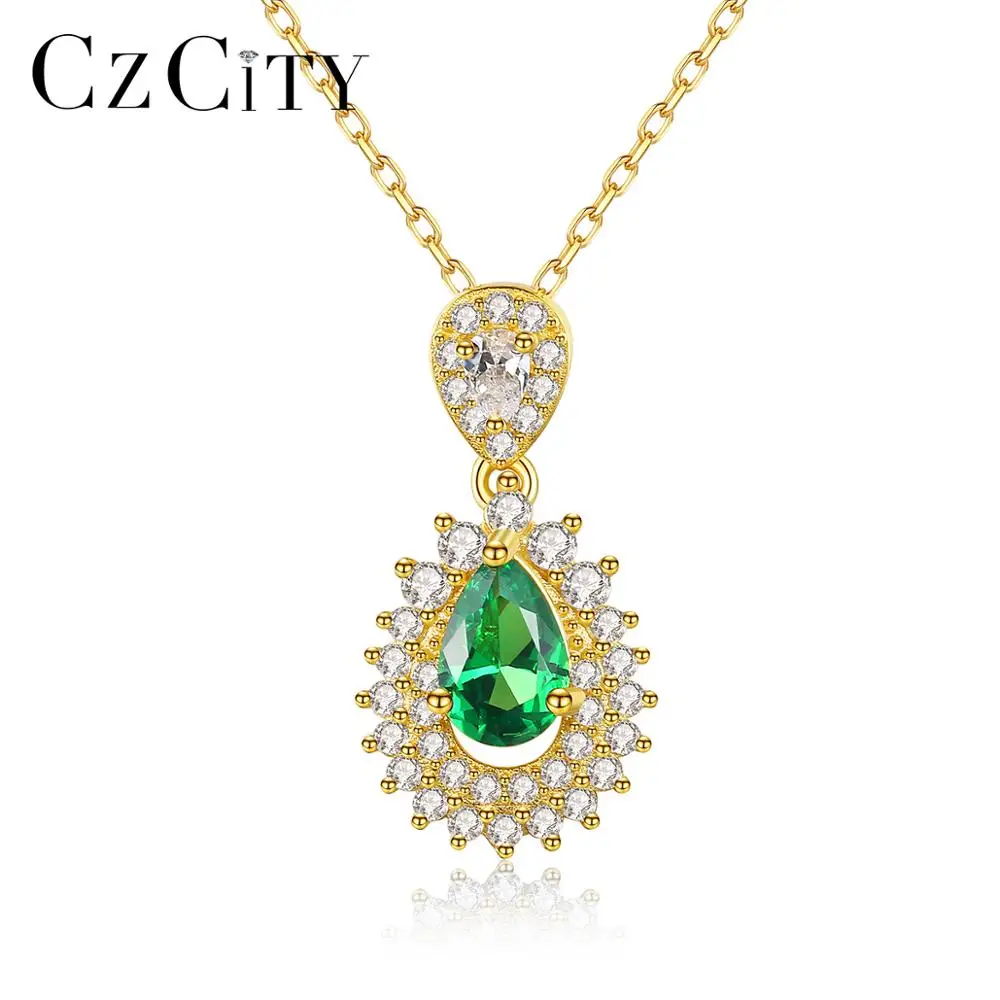 

CZCITY Green Gemstone Pendant Necklace for Women Engagement 925 Sterling Silver Classic Wedding Fine Jewelry Christmas Gift
