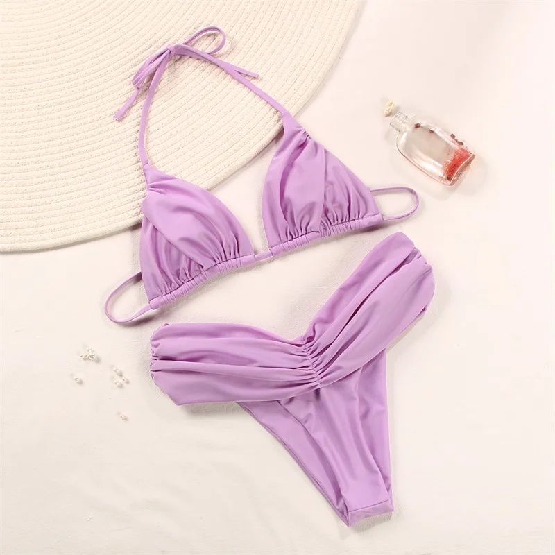 

2021 Sexy Bikinis Folds Purple Swimwear Women Bathing Suit Fashion Solid Swimsuit Female Triangle Cup Type Bandage Bikini Sets