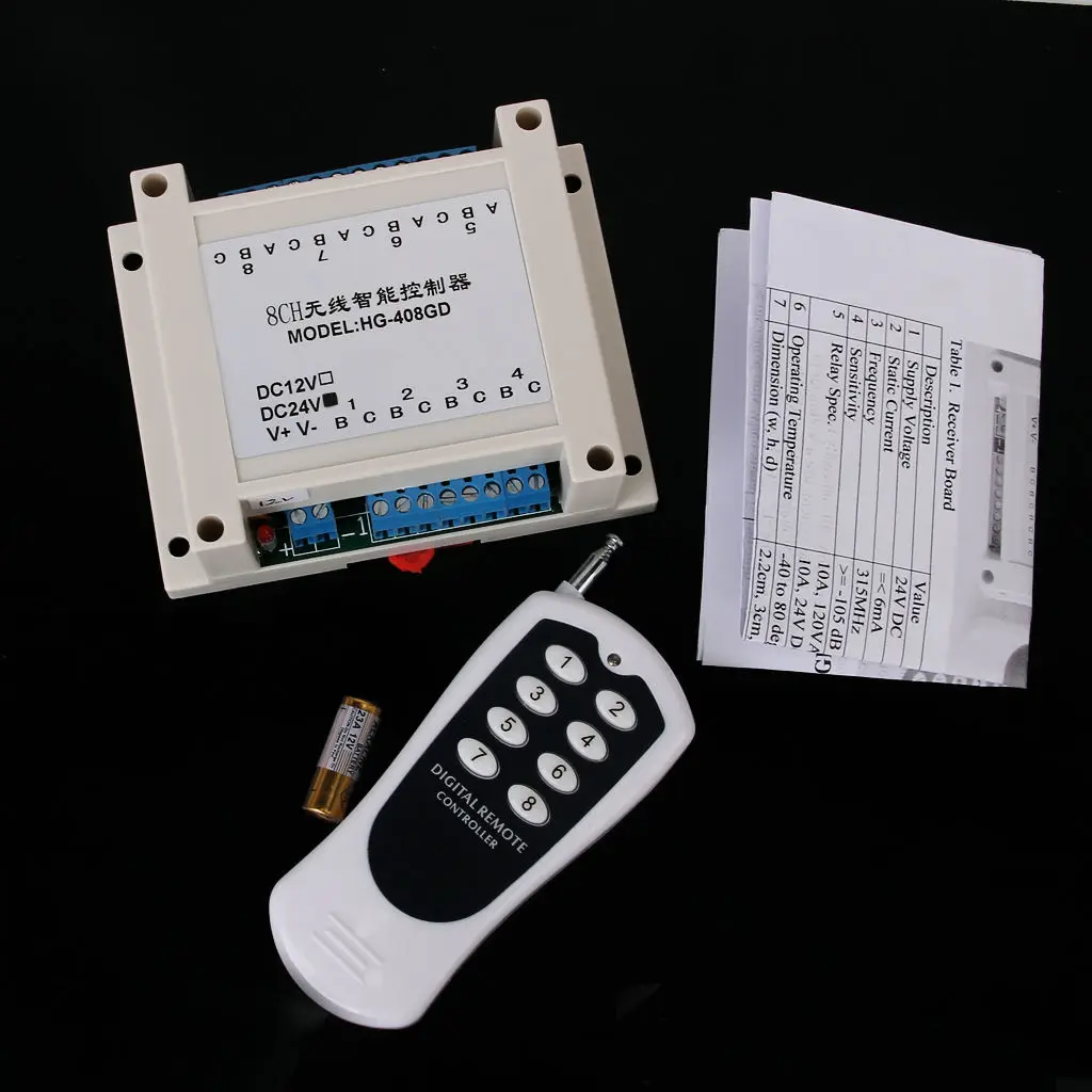 

DC24V 8 Channel Relay RF Switch Remote Control Transmitter + Receiver 315MHz