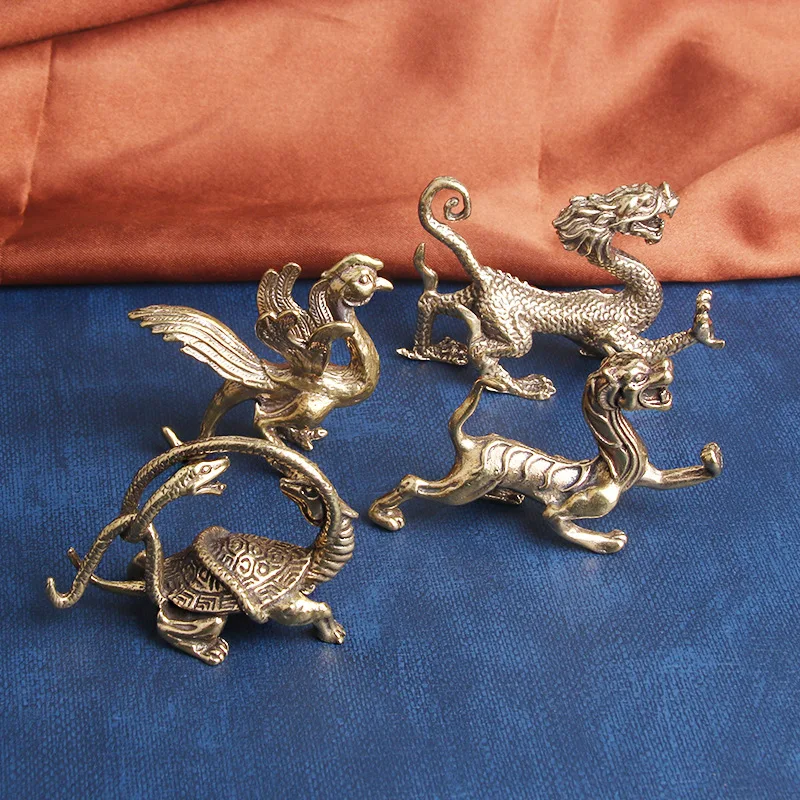 Латунные китайские украшения из четырех богов животных зеленый дракон белый