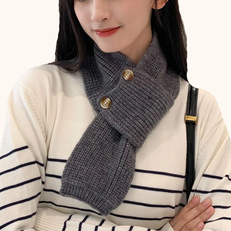 

Корейский шерстяной вязаный теплый шарф на пуговицах для мужчин и женщин, зимний кашемировый тянущийся плотный пуловер с имитацией воротни...