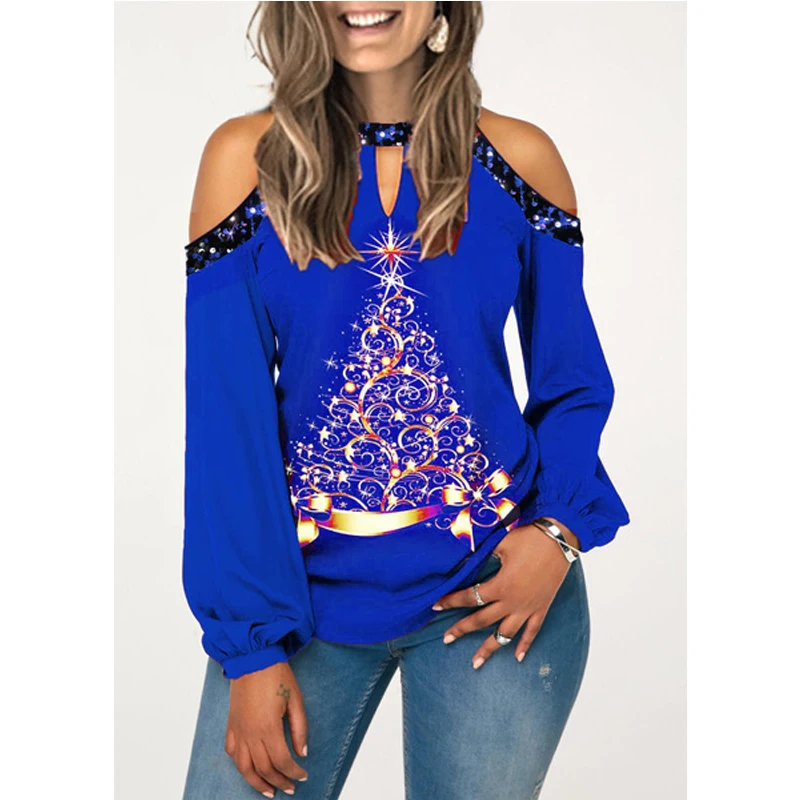 2021 New Women Fashion Cold Shoulder Christmas Tree Shirts Loose Long Sleeve Round Collar Hollow Out Xmas Holiday Blouses Tops