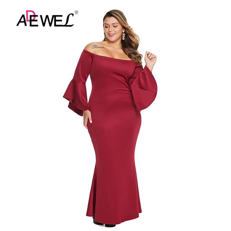 ADEWEL Черное Красное платье размера плюс с открытыми плечами и расклешенными