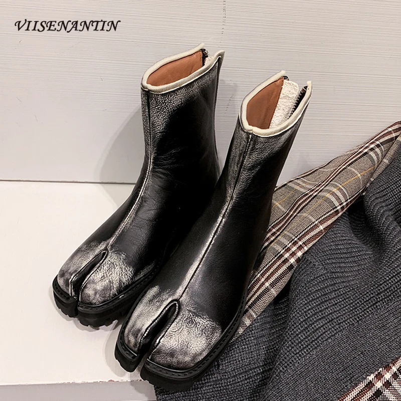 

Новинка Осень-зима 2020, старые кожаные ботинки в стиле ретро, ботинки-копыта из свиной кожи, ботинки с разрезом, женские короткие ботинки на т...