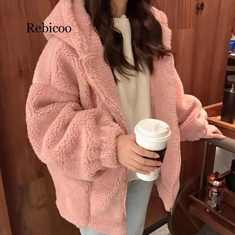 

Winter Korean-style Mid-length Hooded Faux Lambswool Cotton-padded Clothes Loose Thick Warm Cotton Coat Women's