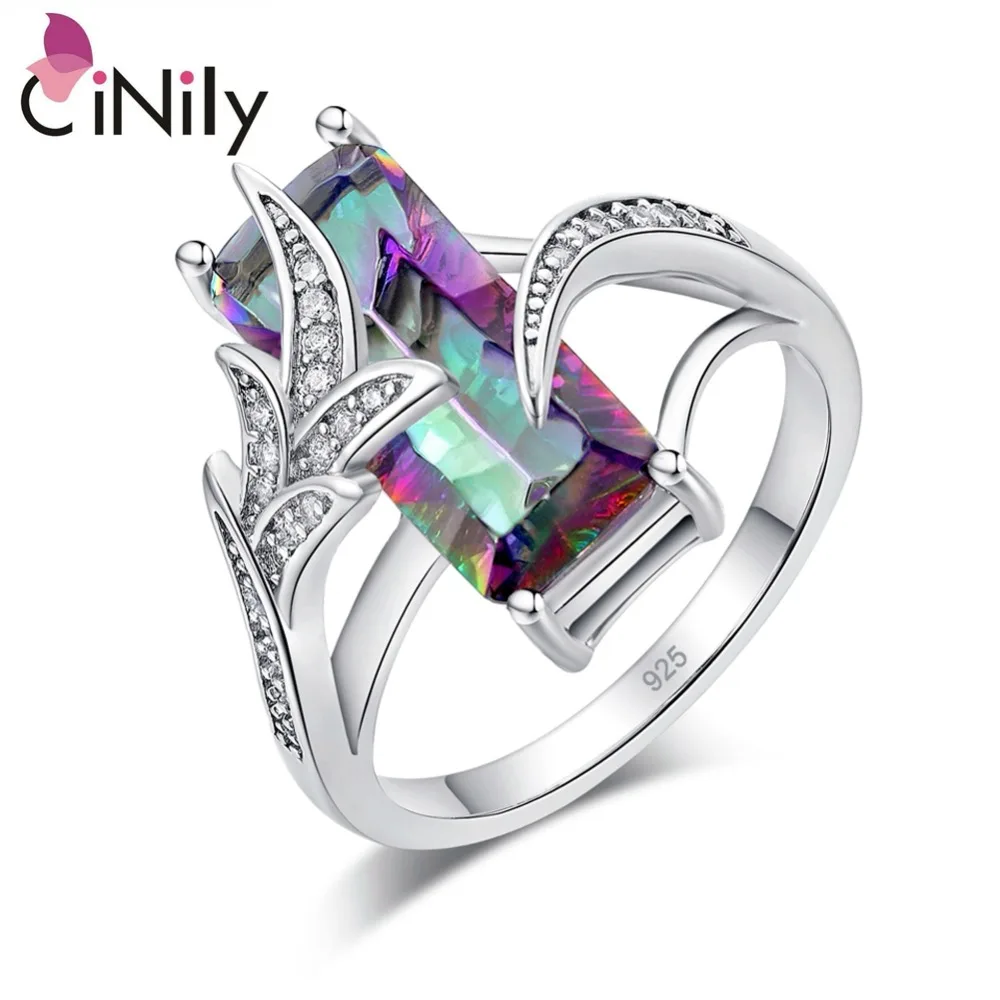 

CiNily Rainbow Lavish Large Cut Rings With Square Mystic Stone Silver Plated Bohemian Boho Vintage Cocktail Jewelry Gifts Woman