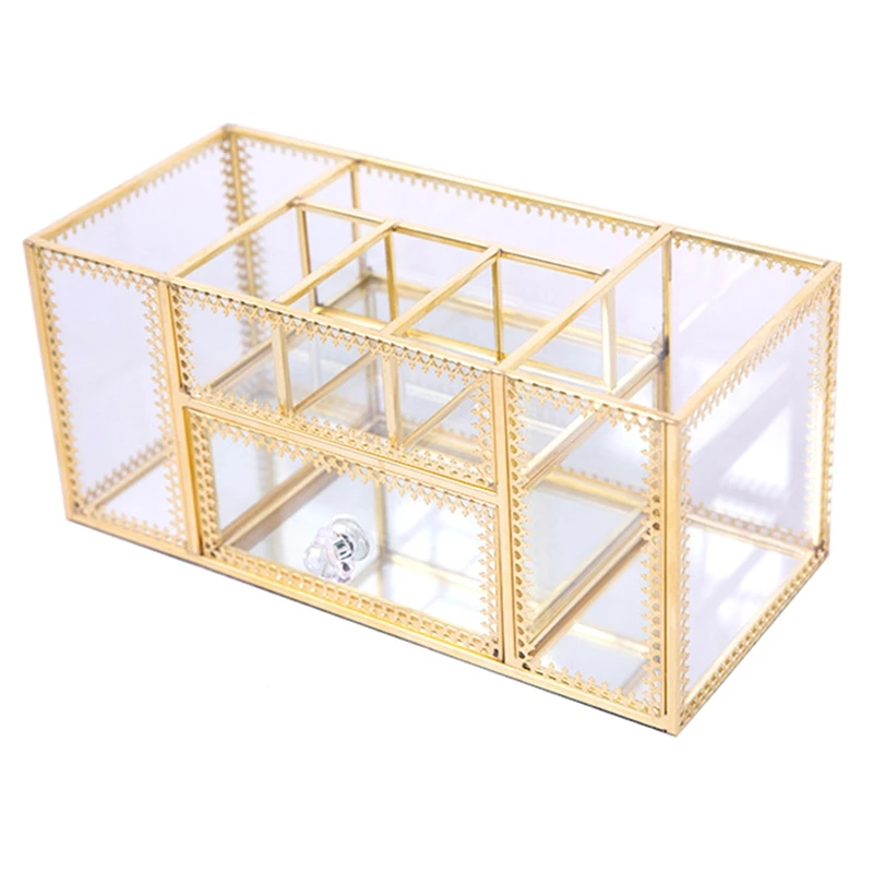 Make Up Storage Baskets Vintage Golden Polygon Shaped Organizer Brass Tone Clear Glass Ornate Jewelry Sundries Tray | Багаж и сумки