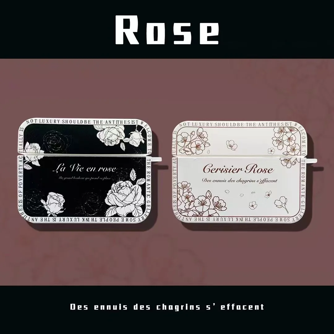 

Soft Tpu Anti-knock Rose Patteren Alphabet Border Black White Case For AirPods1 2 Earbuds Pro Buy One Get Anti-lost Ring
