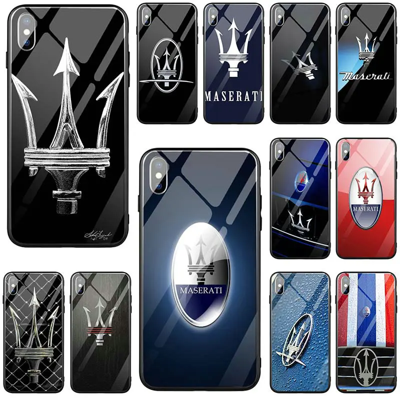 Популярные Чехлы Maserati с логотипом автомобиля из закаленного стекла для iPhone 5 5S SE 6 6s Plus 7 8 Plus X XR XS Max Capa Coque Funda