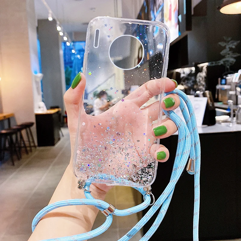 

Luxury Bling Glitter Lanyard Silicone Phone Case For Huawei Mate 30 20 10 9 P40 P30 P20 Lite Pro Ultra-thin Necklace Strap Cover