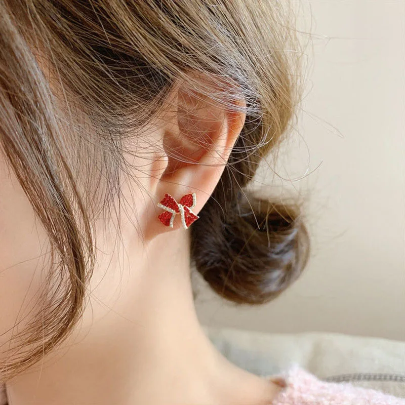 

New Christmas Red Zircon Crystal Bow Stud Earrings For Women Heart Shape Bowknot Christma Earring Girl New Year Festival Jewelry