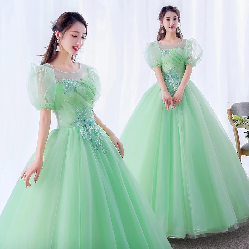 

Зеленое бальное платье, платья для Quinceanera 2020, милое платье с аппликацией из бисера и кристаллами, платье с рукавами-фонариками, платья для вы...