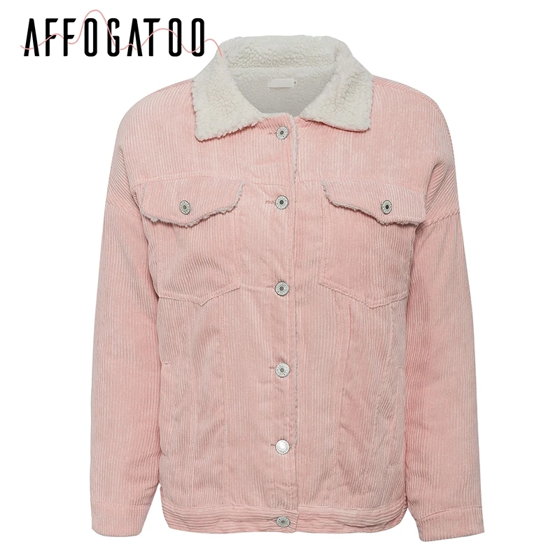 Light Pink Afogatoo Повседневная Вельветовая осенне-зимняя куртка, пальто для женщин, винтажные розовые куртки с длинным рукавом, женская теплая парка, женская верхняя одежда, пальто - Цвет: Light Pink