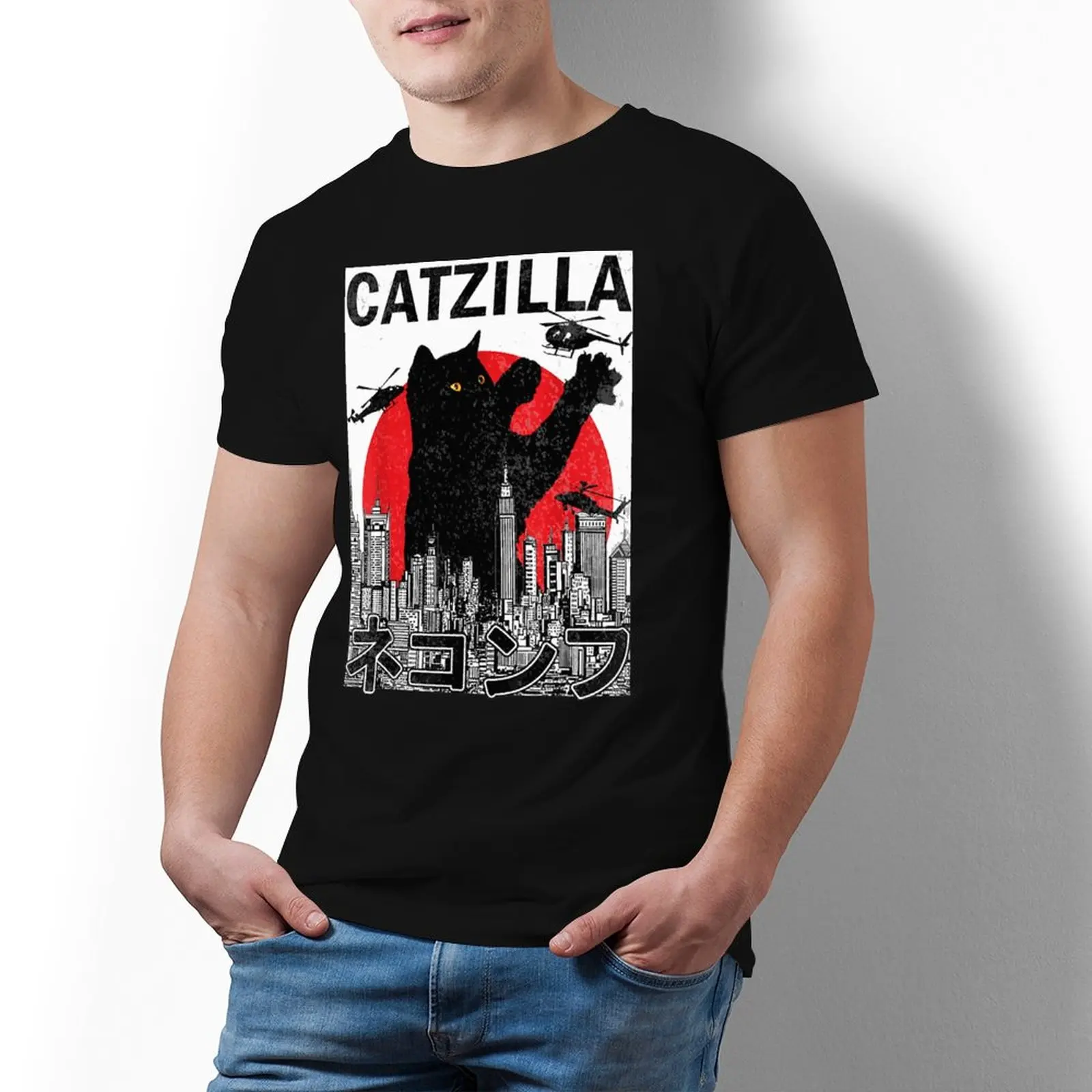 

Футболка Catzilla с японским котом, Модная хлопковая футболка для влюбленных котят, Мужская футболка большого размера с графическим рисунком