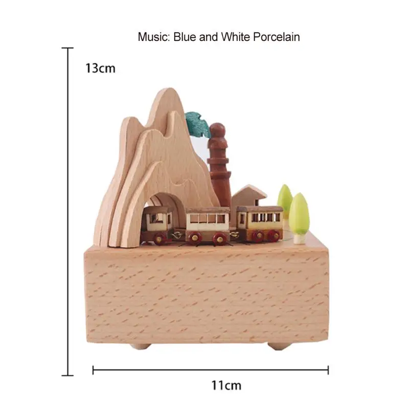 

Solid Wood Musical Box Christmas Gift Wooden Musical Box Featuring Mountain Tunnel With Small Moving Train Christmas Tree Beech