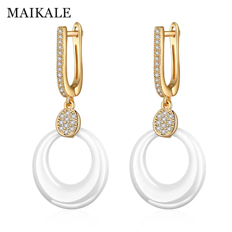 gold white MAIKALE, Простые Модные круглые висячие серьги, медь AAA, кубический цирконий, черные, белые, керамические, золотые, серебряные, цветные серьги для женщин - Окраска металла: gold white