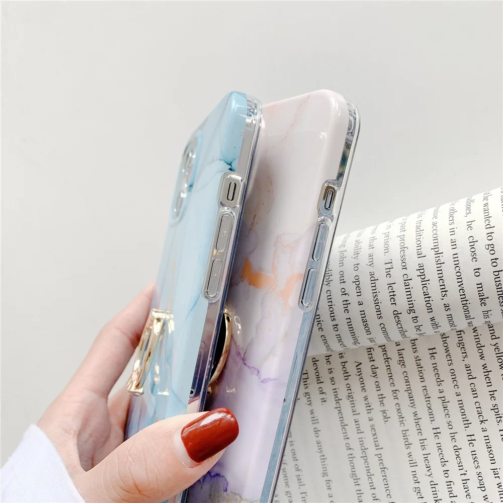 

Marble Phone Case with Kick Stand for iPhone 12 Mini SE 2020 11 Pro Max XS X XR 7 8 Plus Glossy Protection Cover Soft IMD Coque