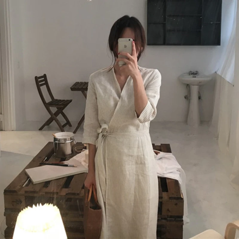 Новое поступление летнее корейское модное женское элегантное Полосатое длинное