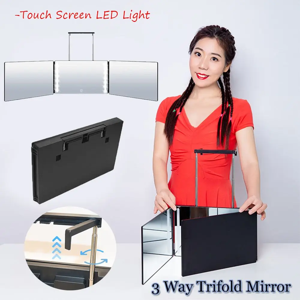 

Height Brackets Shaving Self Hair Cutting 3 Way Trifold Mirror 360° Barber Mirror Portable Touch Screen LED Light