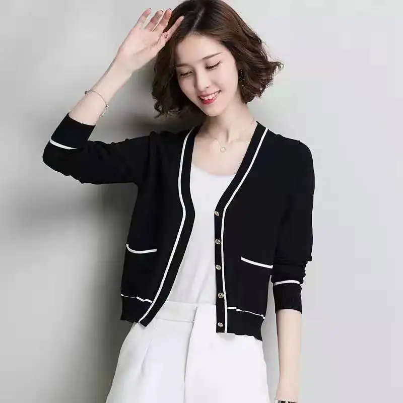 Женский трикотажный кардиган с длинным рукавом из ледяного шелка Простая