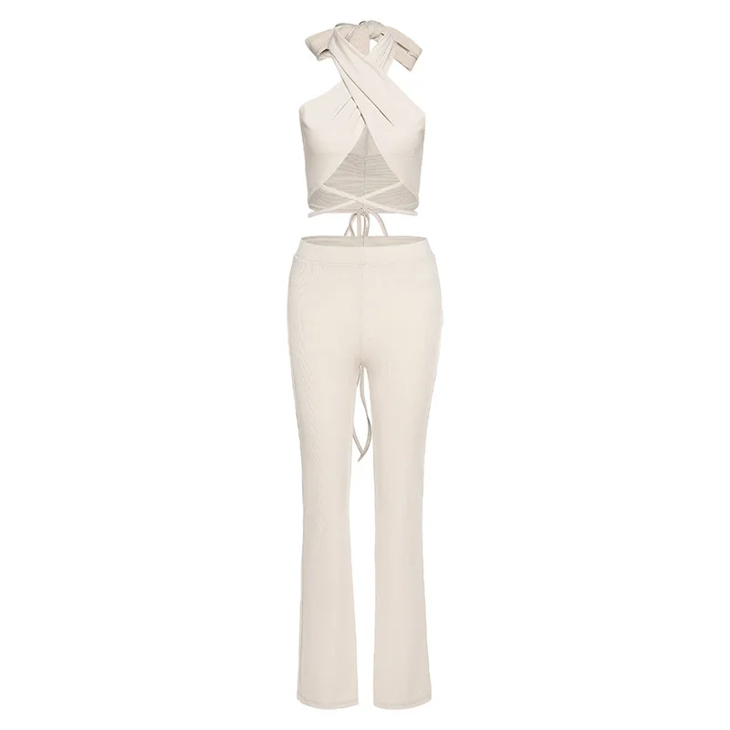 

Sexy Criss-Cross Bandage Halter Neck Crop Top Casual High Waist Straight Pants Outfit Slim Two Piece Set Women