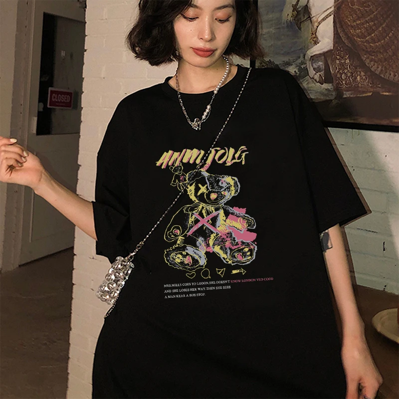 

Harajuku T-shirt for Women cartoon bear printing T shirt women's Tops Summer American street style o-neck Female clothing