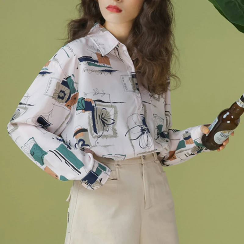 

Womens Tops 2020 Autumn New Vintage Printed Blouse Women Long-sleeved Shirt Turn Down Collar Loose Chiffon Shirt