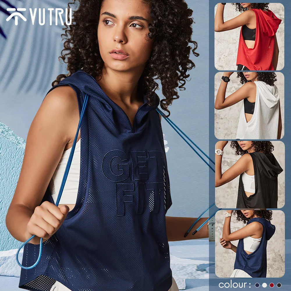 

VUTRU Women Sports Shirts Hooded Loose Yoga Running Fitness Sleeveless T-shirt Jogging Tank Tops Gym Workout Mesh Quick-Dry Vest