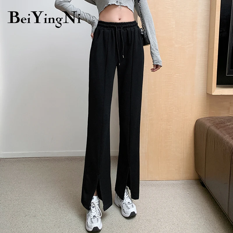 

Beiyingni Fashion Split Casual Pants Ladies Pockets Solid Simple Slim Harajuku Sweatpants Womens Chic Street Straight Pants Lady