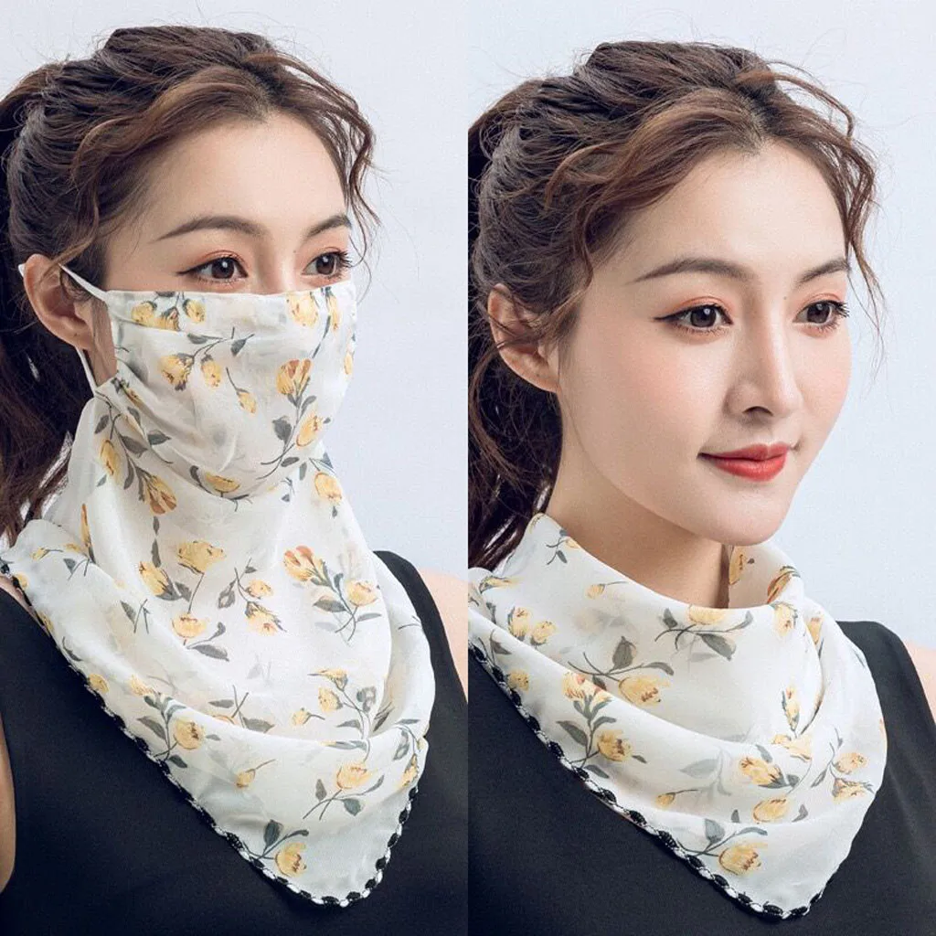 

2021 Women Mouth Mask Neck Scarf Floral Print Sunscreen Head Ring Scarves Silk Face Mask Foulard Lady Outdoor Protect Headband