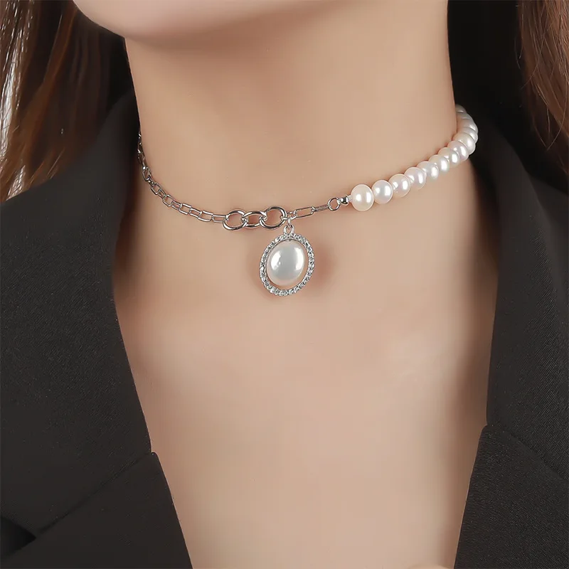 

Silvology 925 Sterling Silver Natural Freshwater Pendant Necklace Ladies Asymmetry Pearl Chain Luxury Necklace Festival Jewelry