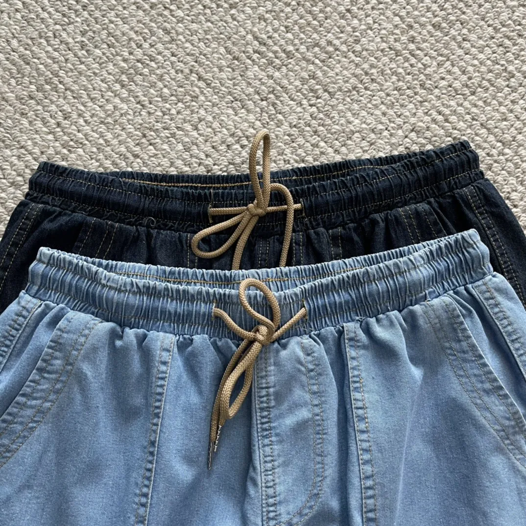 

Men's Summer Casual Blue Jeans Original High-Quality Oversized Jogging Wide-Leg Pants Brand Lace-Up High-Waist Shorts