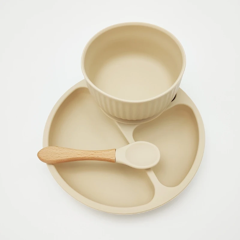 

4 Pcs Baby Silicone Divided Dinner Plate Sucker Bowl Spoon Fork Set Tableware