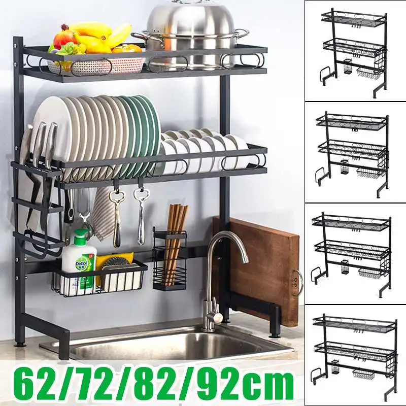 

92CM Upper Sink Counter Drain Rack 2 tiers Kitchen Shelf Dish Drying Rack Tableware Organizer Knife Storage Rack Utensil Holder